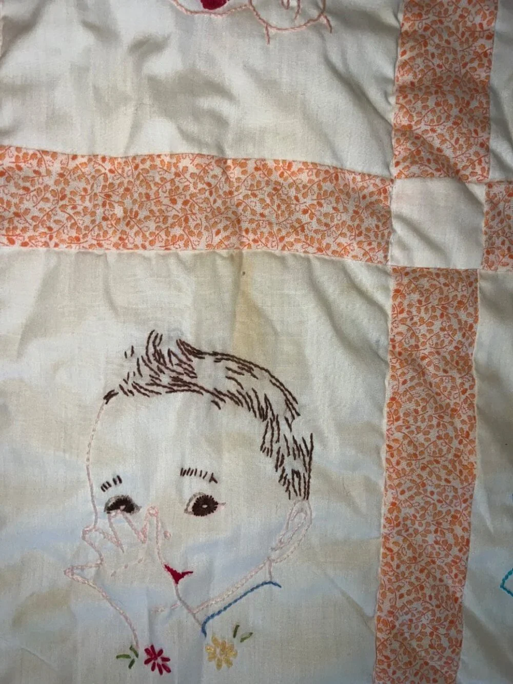 Vintage Handmade Baby Quilt Embroidered Baby Faces Orange Floral Border Unique